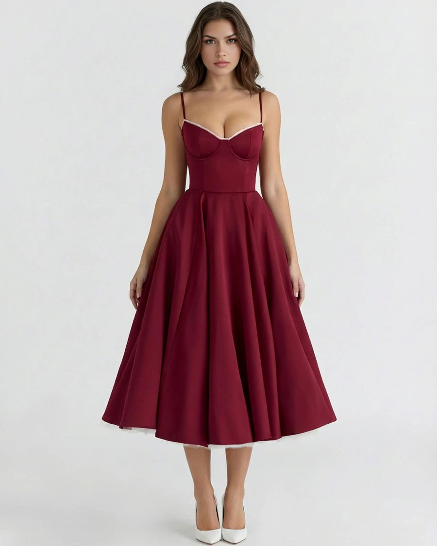 Selene – Burgundy Satin Midi Dress Clotheshomes™