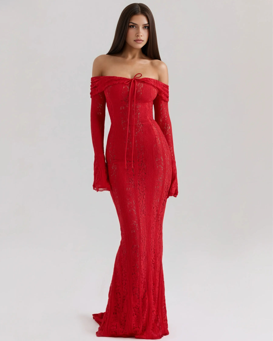 Alessandra – Red Floral Lace Maxi Dress Clotheshomes™
