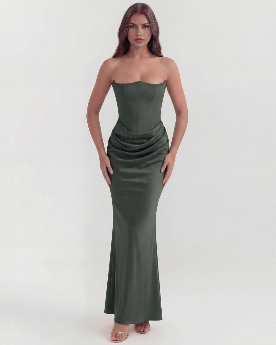 Rosalind – Forest Green Corset Maxi Dress Clotheshomes™