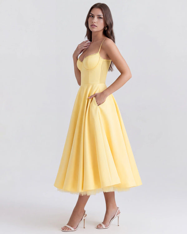 Selene – Butter Yellow Satin Midi Dress