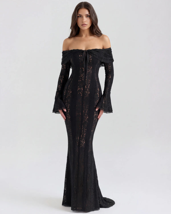 Alessandra – Black Floral Lace Maxi Dress Clotheshomes™