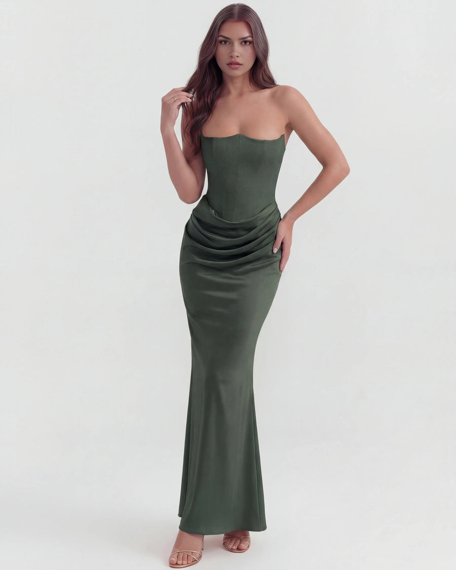 Rosalind – Forest Green Corset Maxi Dress Clotheshomes™