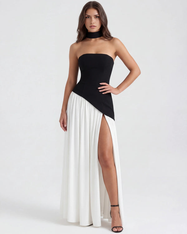 Serena – Black & White Strapless Maxi Dress Clotheshomes™
