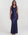 Sapphire – Dark Blue Satin Cowl Neck Maxi Dress Clotheshomes™