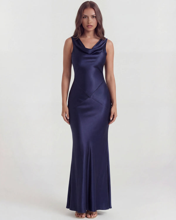 Sapphire – Dark Blue Satin Cowl Neck Maxi Dress