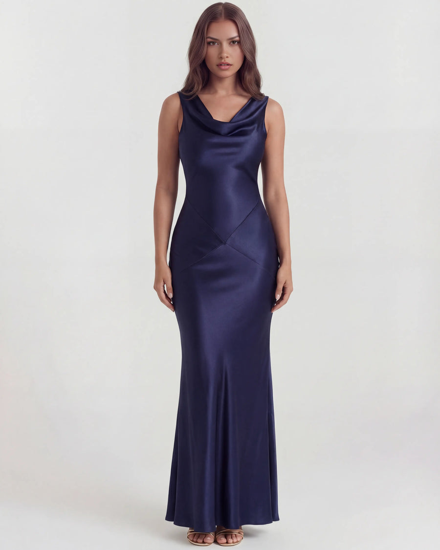Sapphire – Dark Blue Satin Cowl Neck Maxi Dress Clotheshomes™
