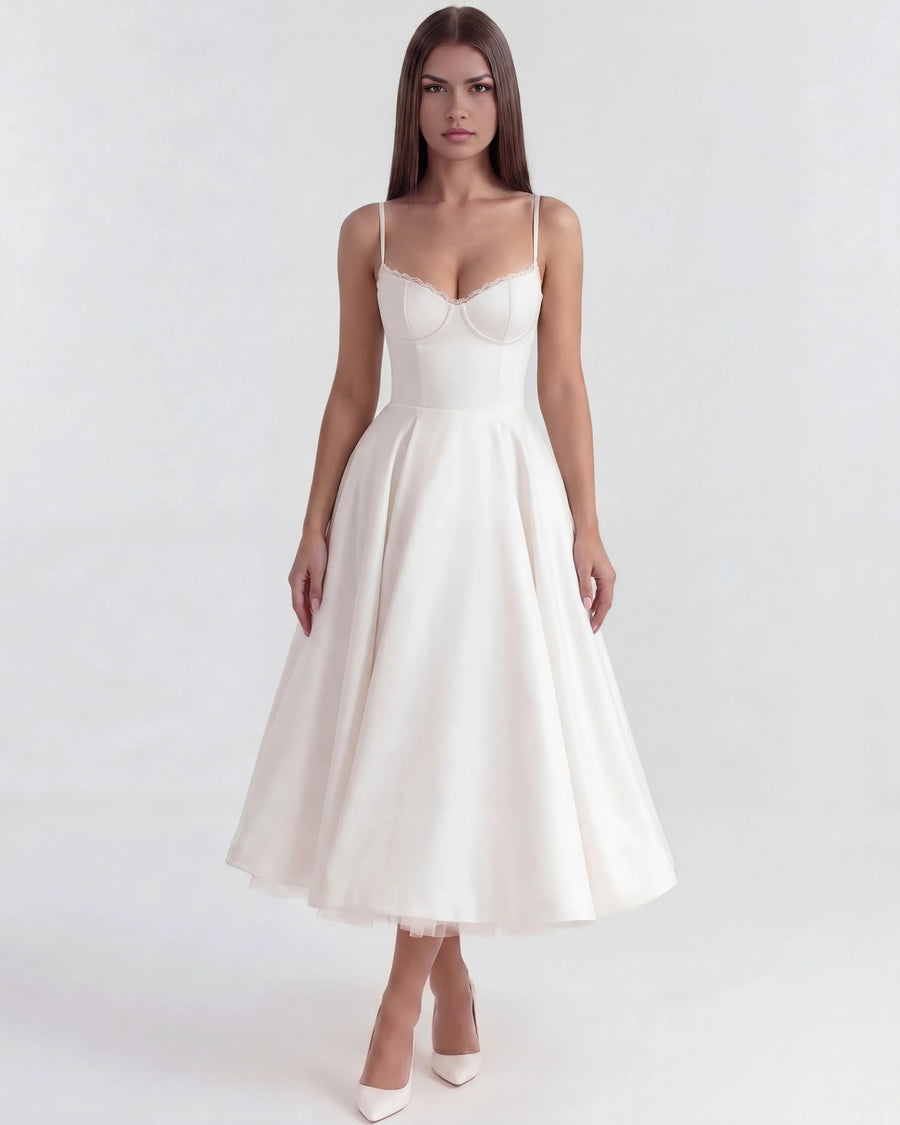 Selene – White Satin Midi Dress Clotheshomes™