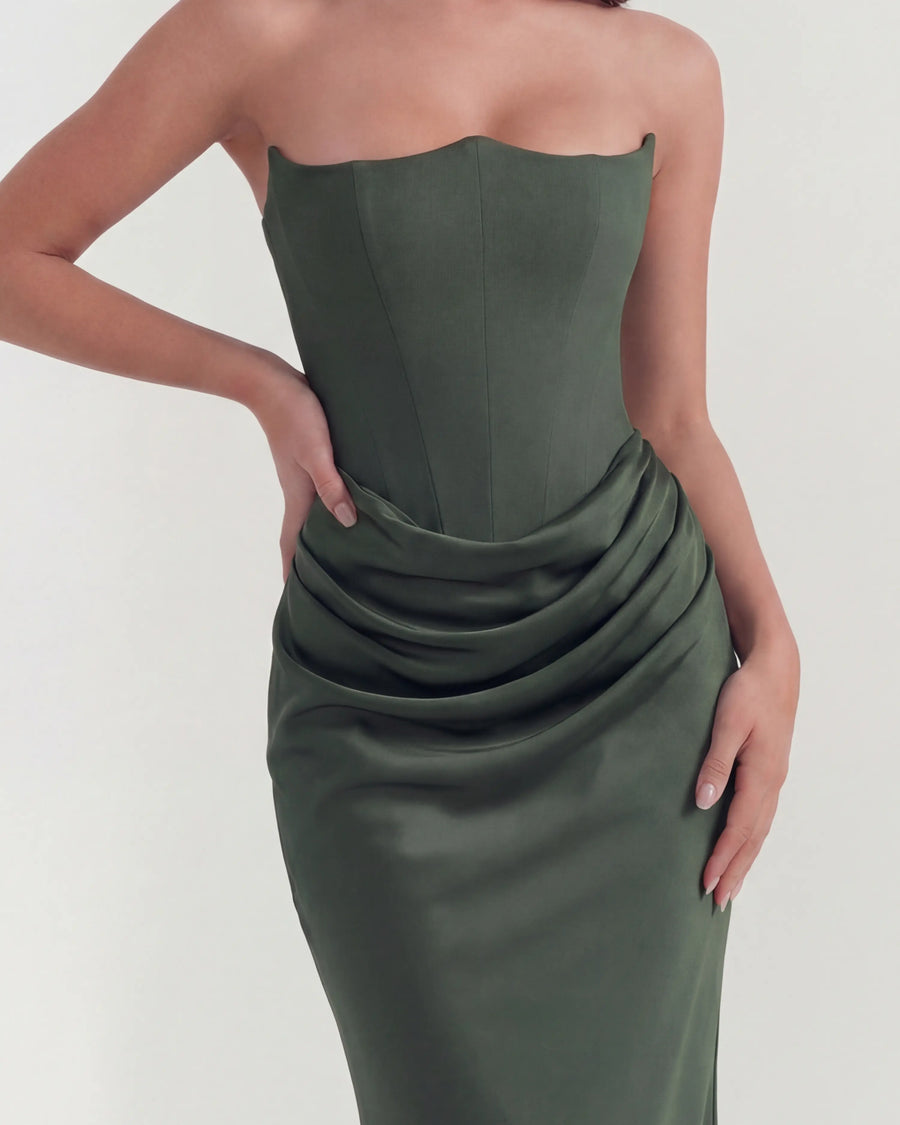 Rosalind – Forest Green Corset Maxi Dress Clotheshomes™