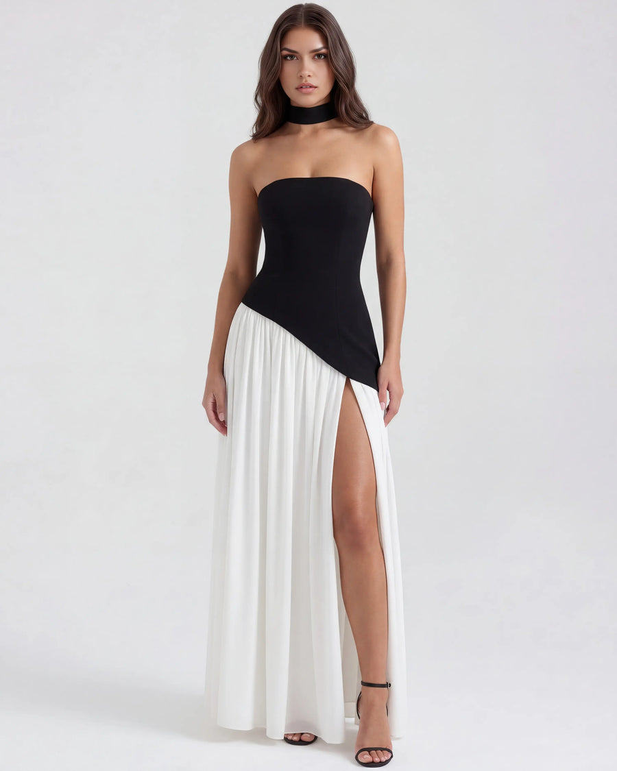 Serena – Black & White Strapless Maxi Dress Clotheshomes™