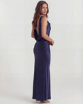 Sapphire – Dark Blue Satin Cowl Neck Maxi Dress Clotheshomes™