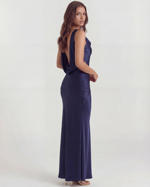 Sapphire – Dark Blue Satin Cowl Neck Maxi Dress Clotheshomes™