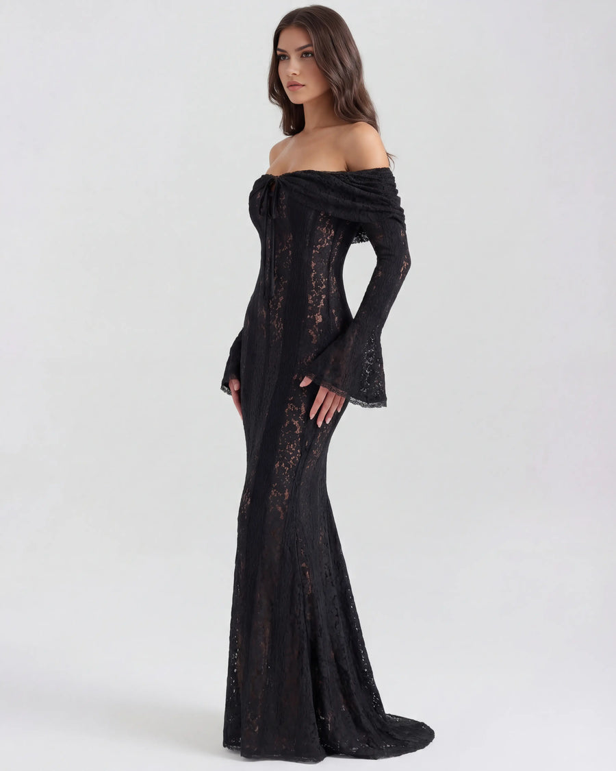 Alessandra – Black Floral Lace Maxi Dress Clotheshomes™