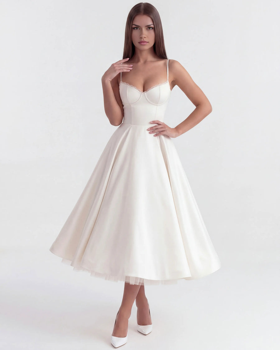 Selene – White Satin Midi Dress Clotheshomes™
