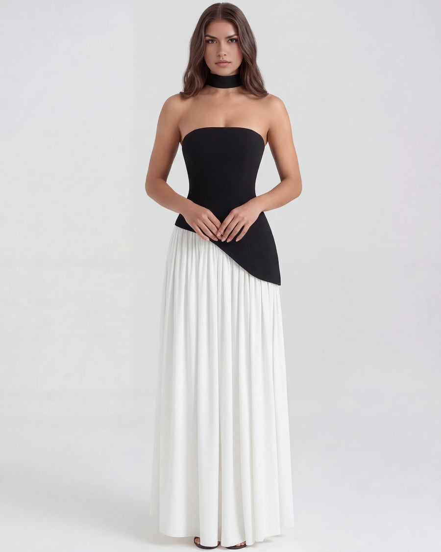 Serena – Black & White Strapless Maxi Dress Clotheshomes™