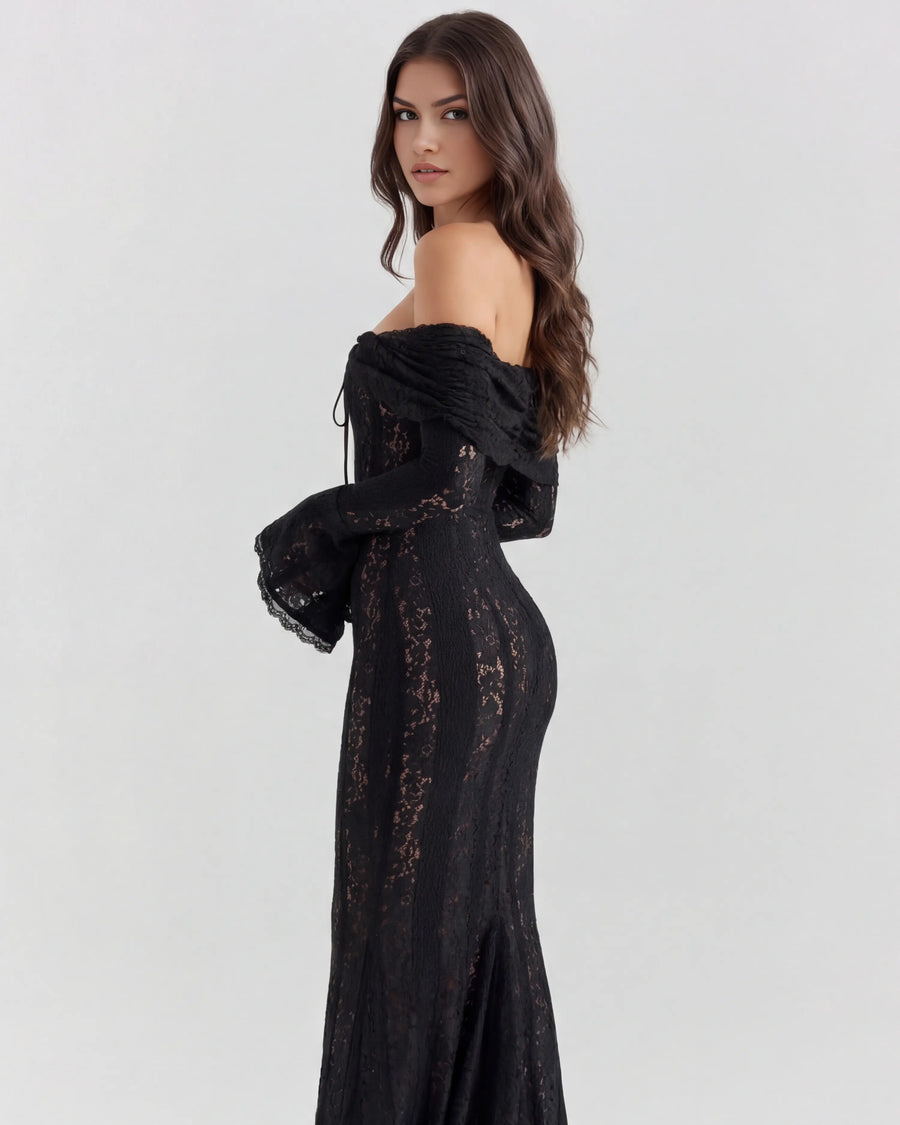 Alessandra – Black Floral Lace Maxi Dress Clotheshomes™