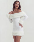 Bella – White Faux Fur Off-Shoulder Mini Dress Clotheshomes™