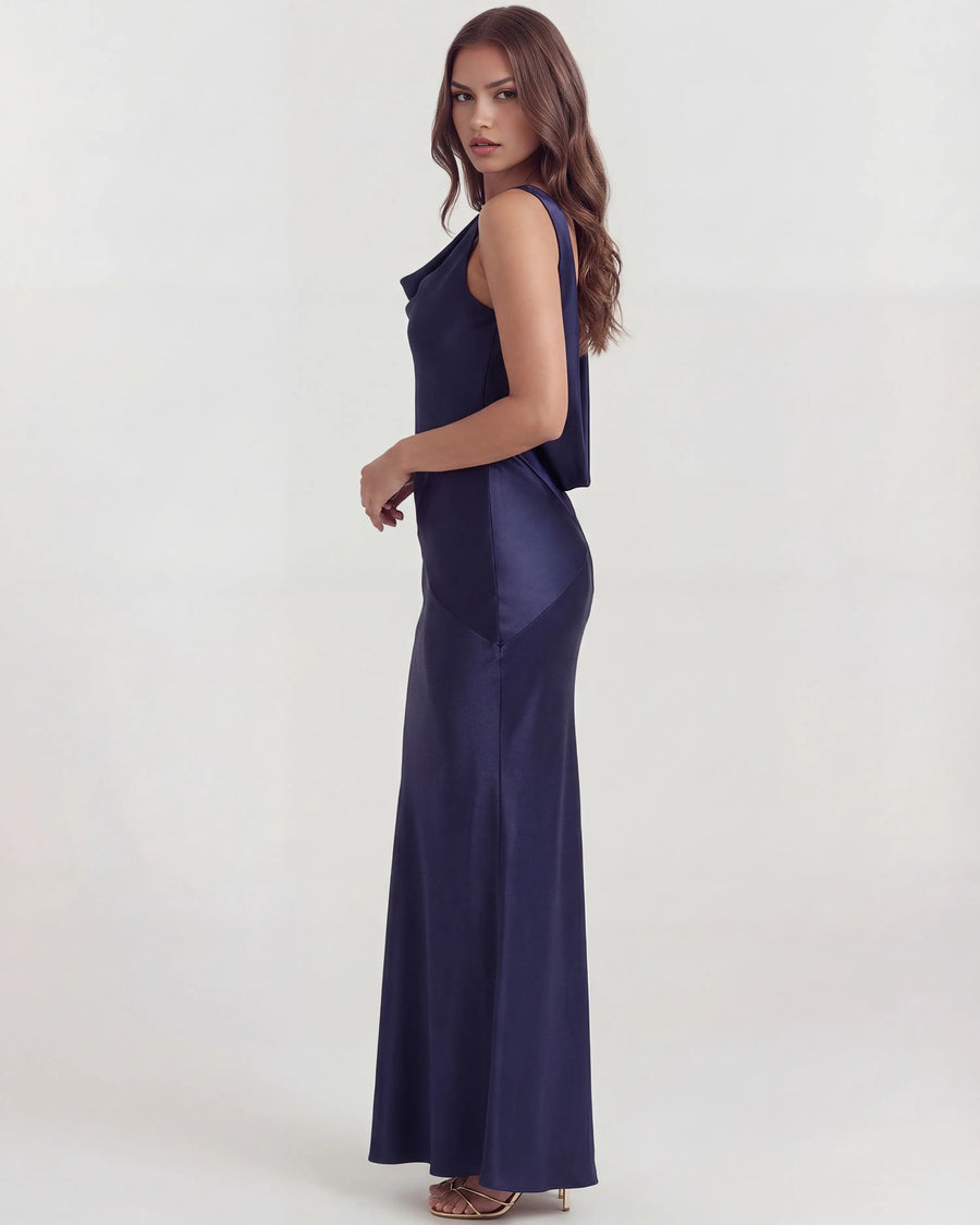 Sapphire – Dark Blue Satin Cowl Neck Maxi Dress Clotheshomes™