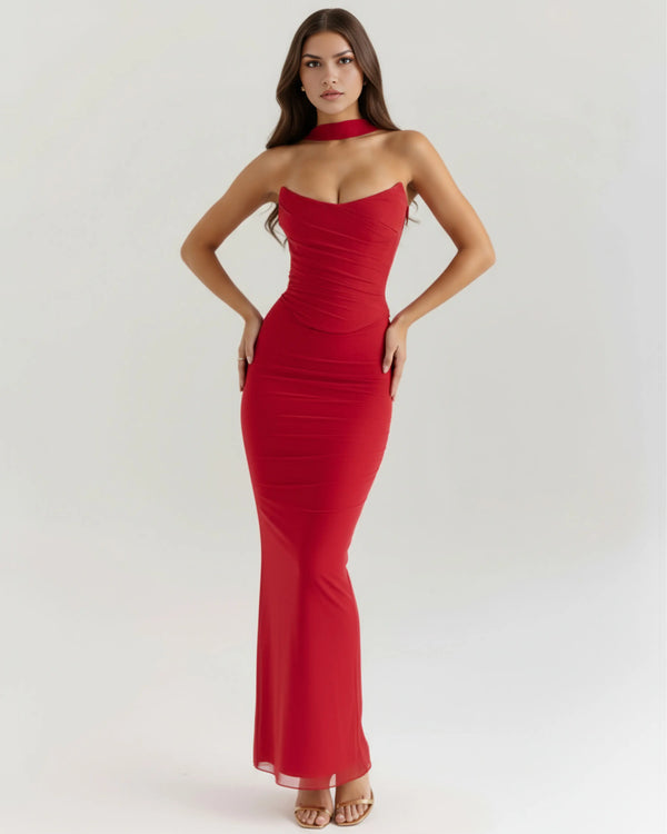 Malu – Red Mesh Corset Maxi Set Clotheshomes™
