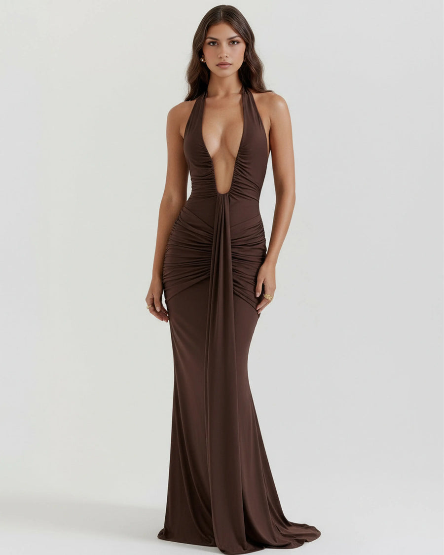 Ariel – Brown Plunge Maxi Dress Clotheshomes™