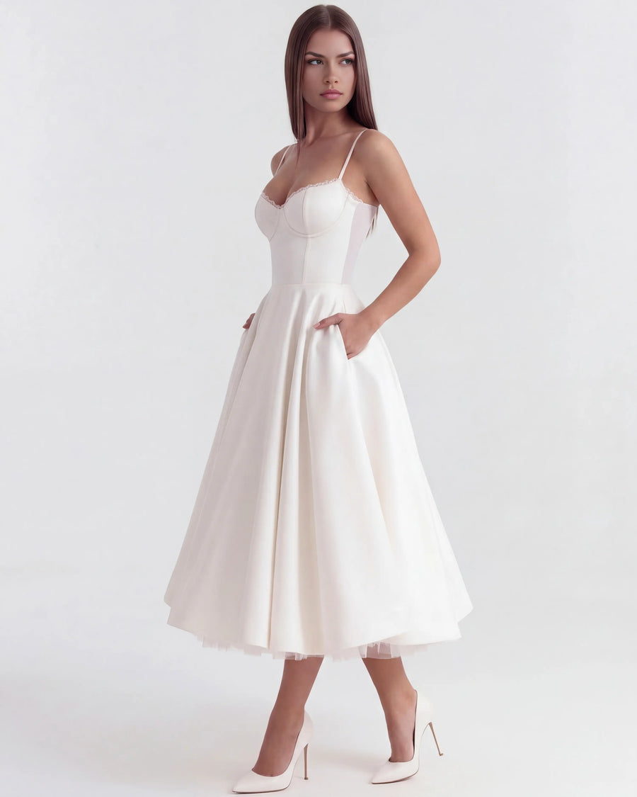 Selene – White Satin Midi Dress Clotheshomes™