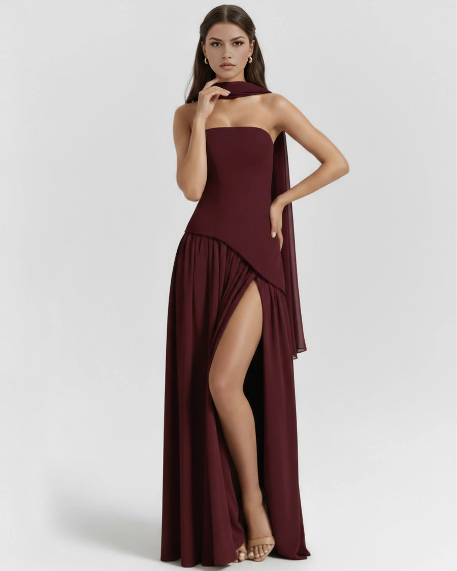 Serena – Burgundy Crepe Maxi Dress Clotheshomes™