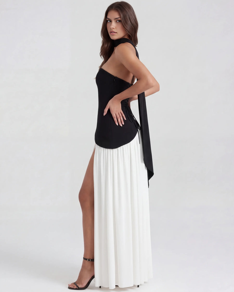 Serena – Black & White Strapless Maxi Dress Clotheshomes™