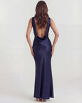 Sapphire – Dark Blue Satin Cowl Neck Maxi Dress Clotheshomes™