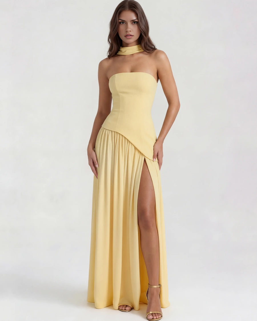 Serena – Butter Yellow Strapless Maxi Dress Clotheshomes™