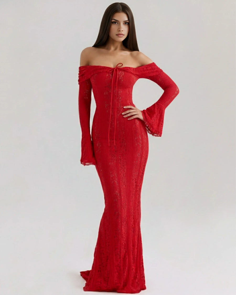Alessandra – Red Floral Lace Maxi Dress Clotheshomes™