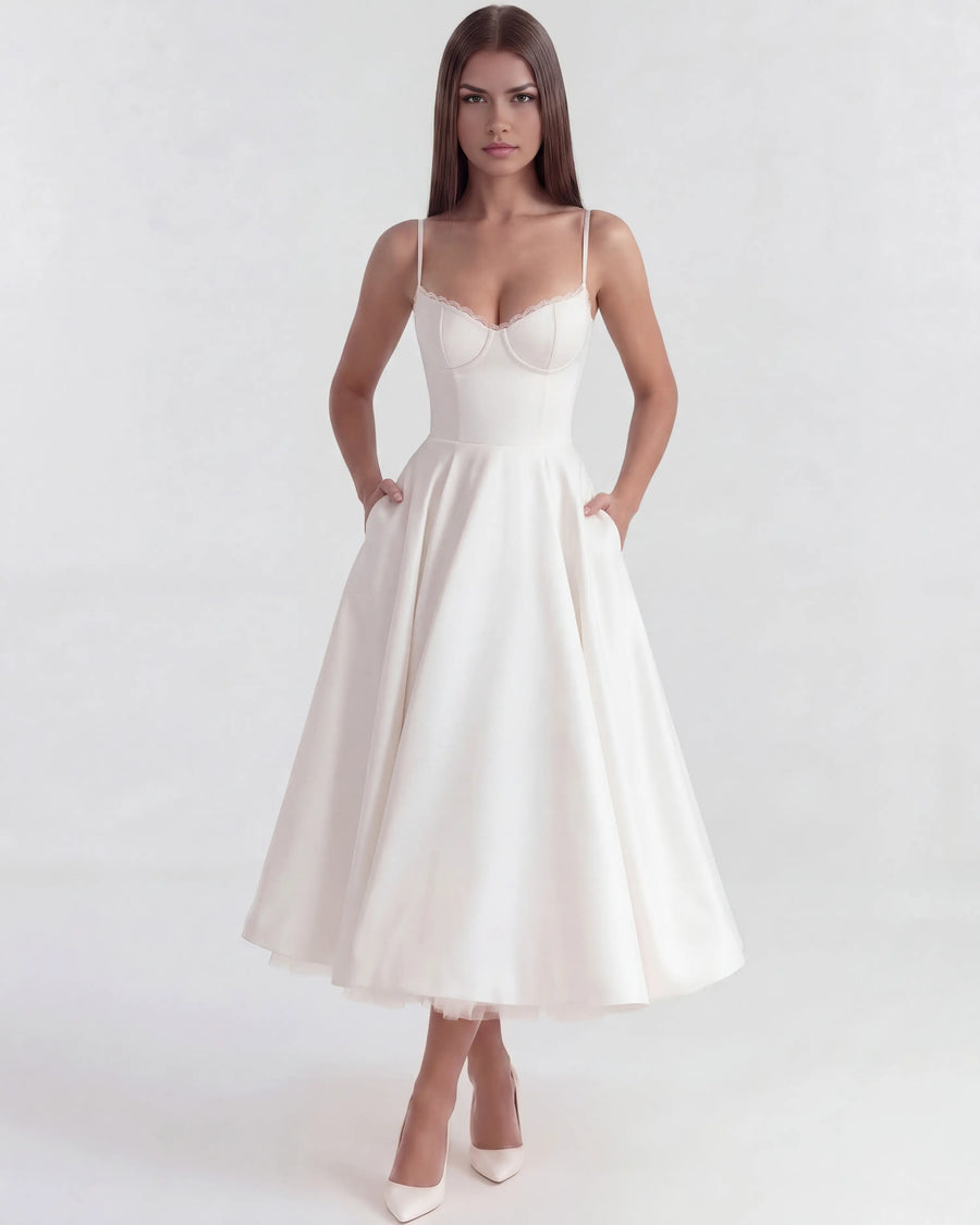 Selene – White Satin Midi Dress Clotheshomes™