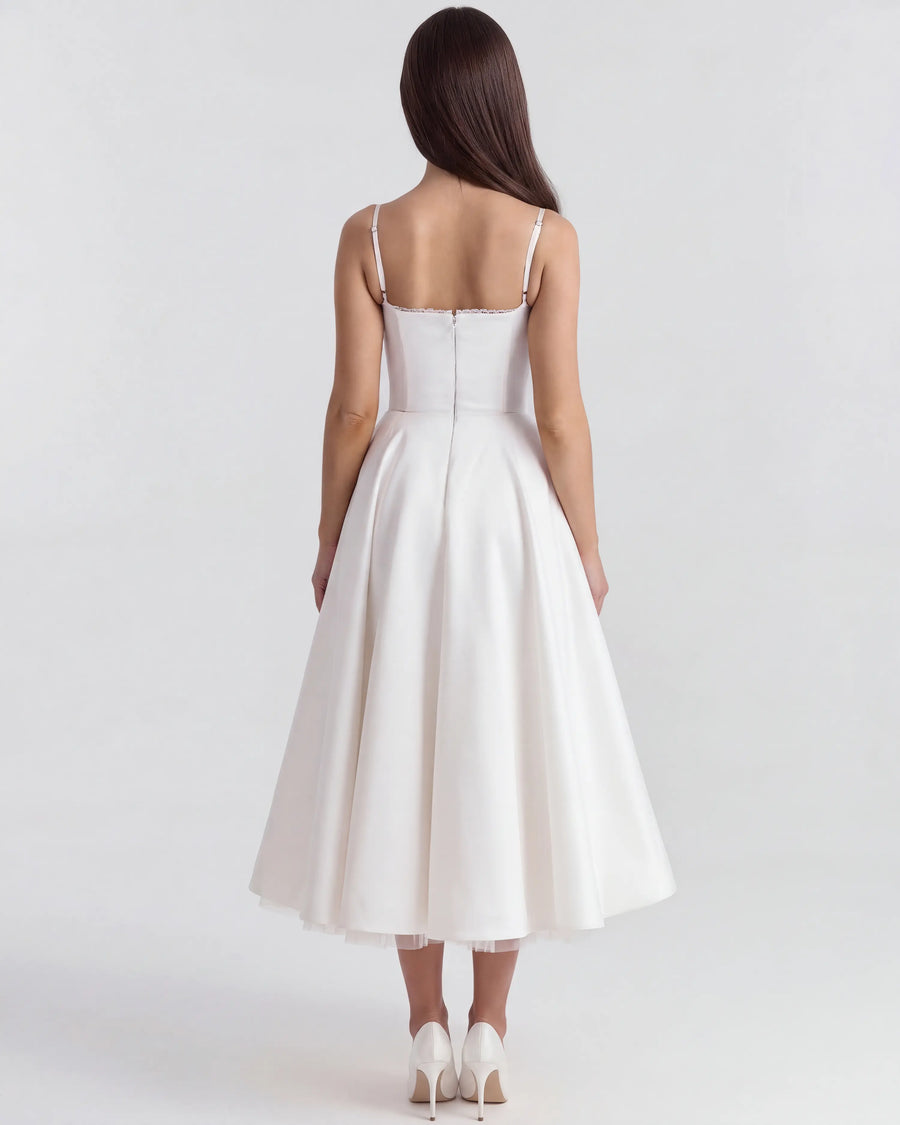 Selene – White Satin Midi Dress Clotheshomes™