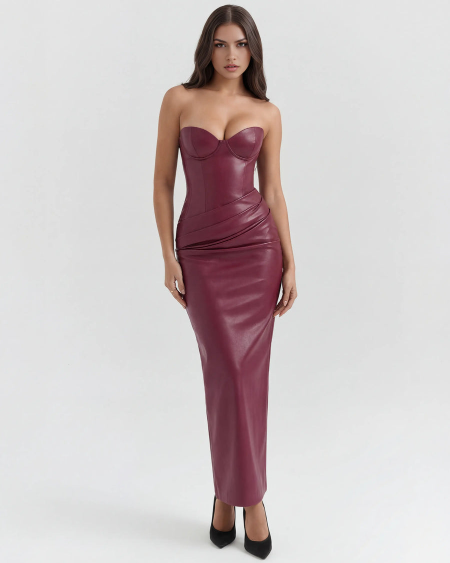 Vanessa – Burgundy Stretch Velvet Midi Dress Clotheshomes™