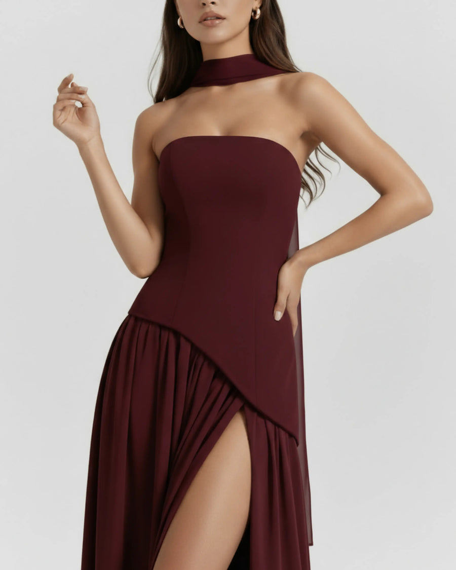 Serena – Burgundy Crepe Maxi Dress Clotheshomes™