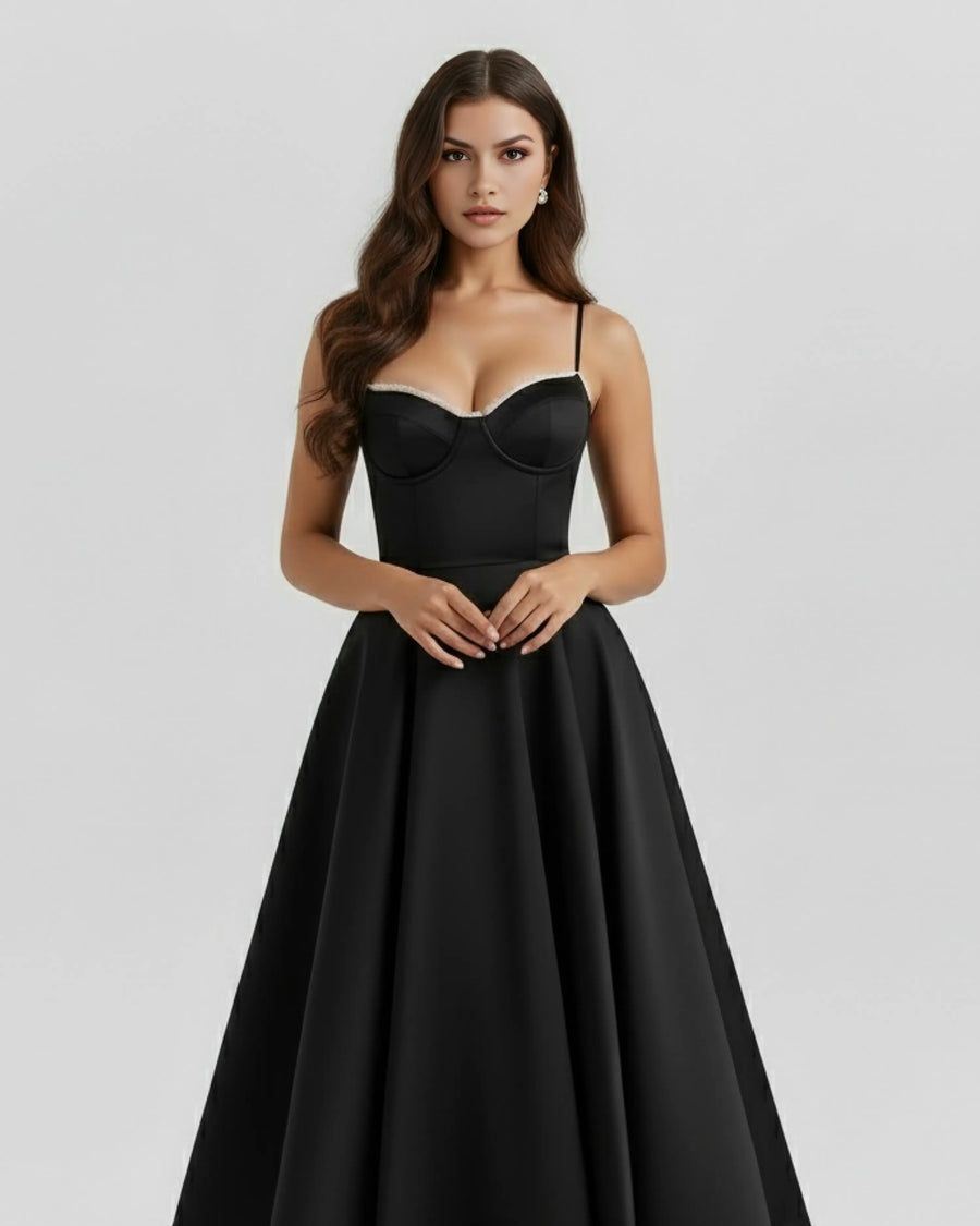 Selene – Black Satin Midi Dress Clotheshomes™