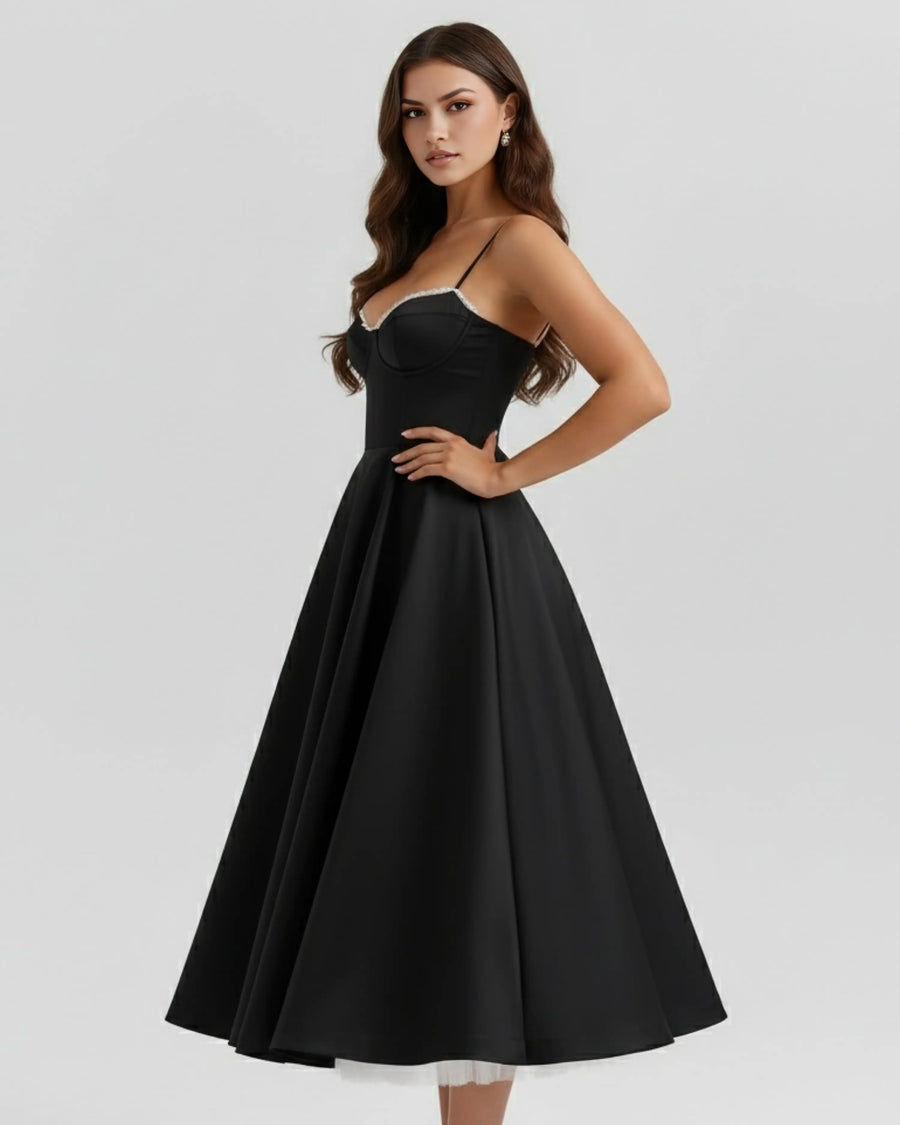 Selene – Black Satin Midi Dress Clotheshomes™
