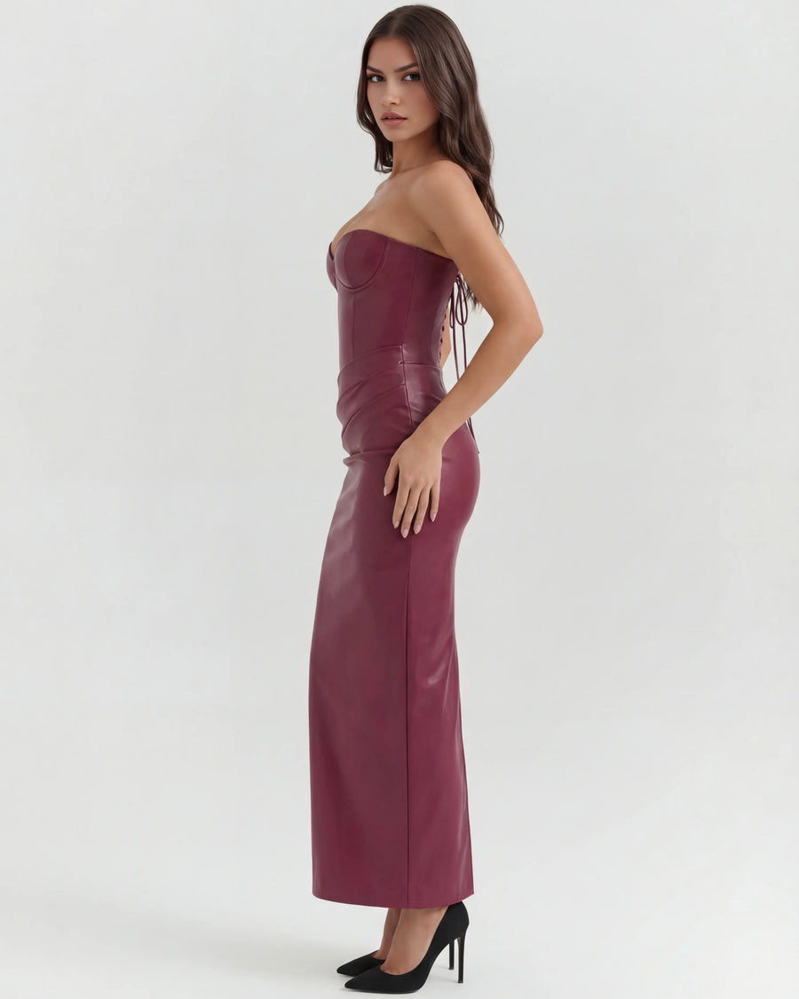 Vanessa – Burgundy Stretch Velvet Midi Dress Clotheshomes™