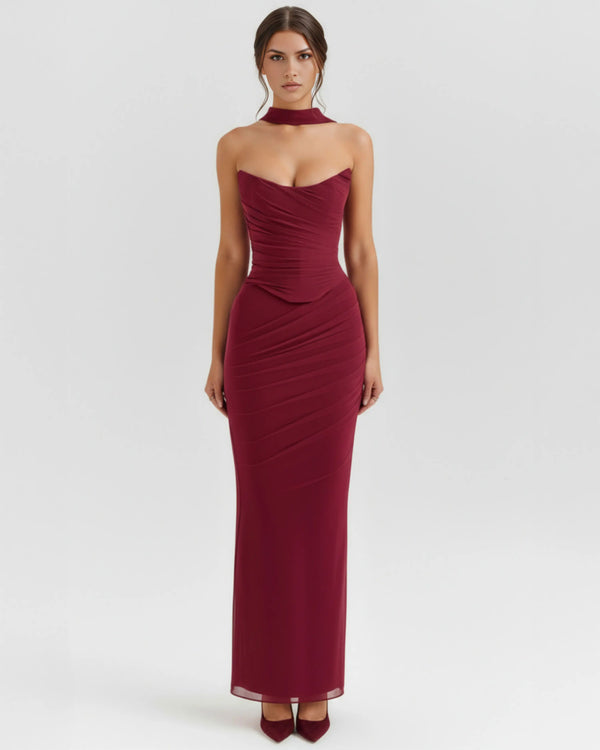 Malu – Burgundy Mesh Corset Maxi Set Clotheshomes™