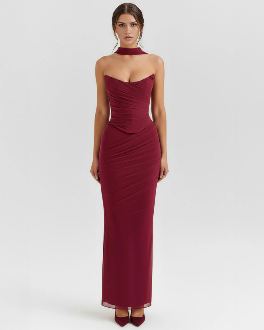 Malu – Burgundy Mesh Corset Maxi Set Clotheshomes™
