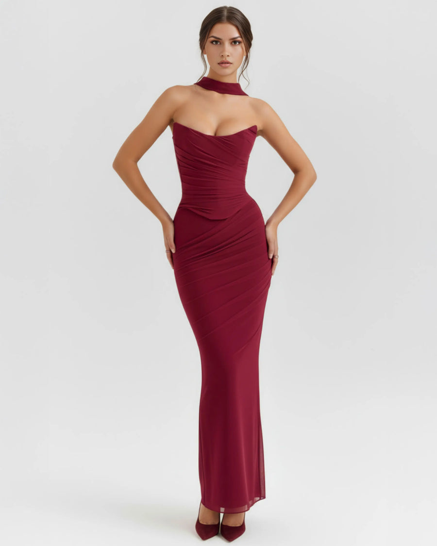 Malu – Burgundy Mesh Corset Maxi Set Clotheshomes™