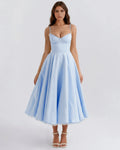 Selene – Baby Blue Satin Midi Dress Clotheshomes™