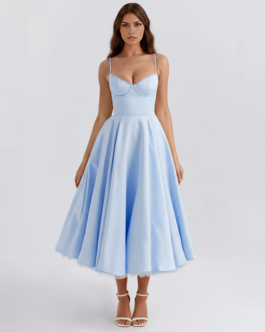 Selene – Baby Blue Satin Midi Dress Clotheshomes™