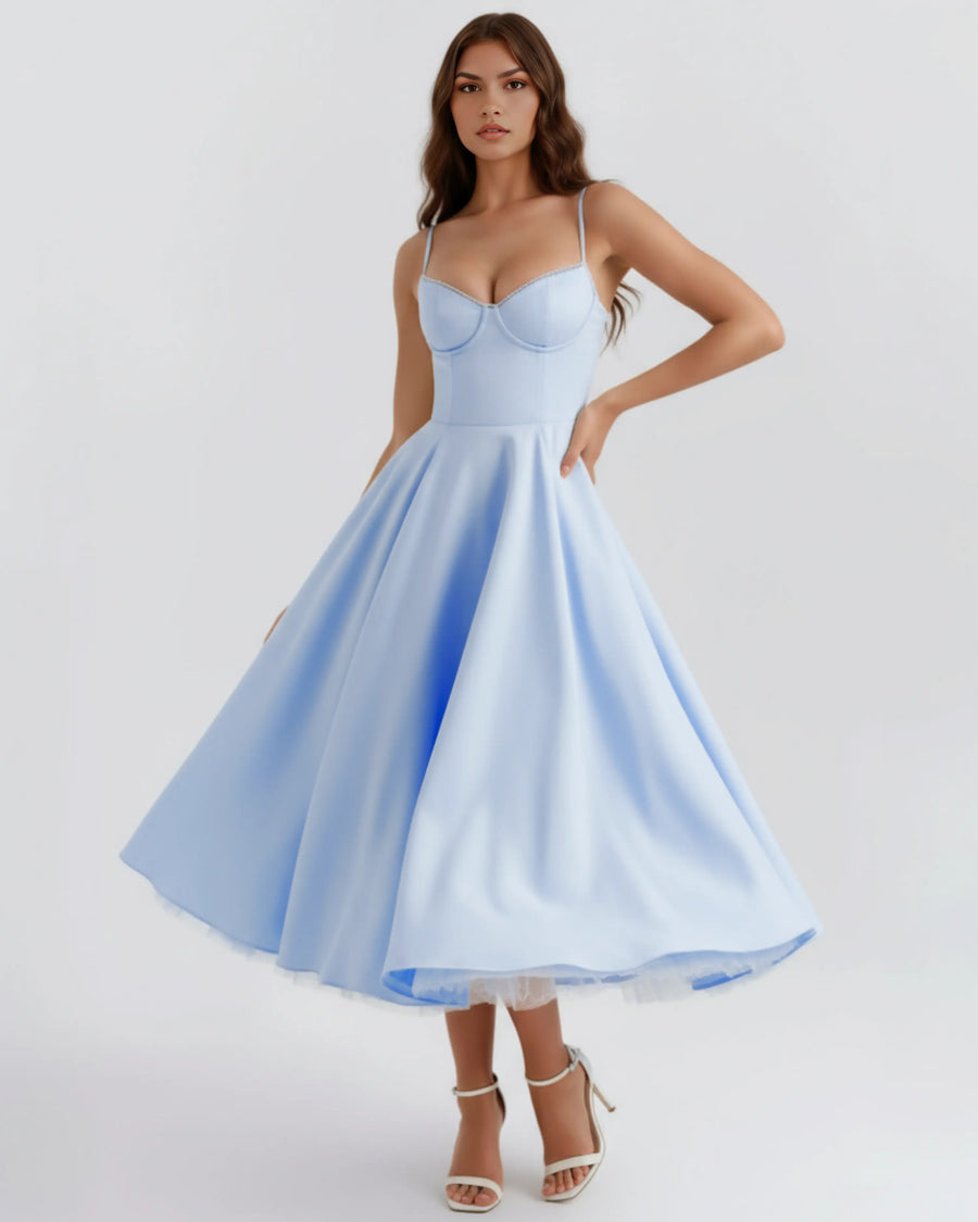Selene – Baby Blue Satin Midi Dress Clotheshomes™