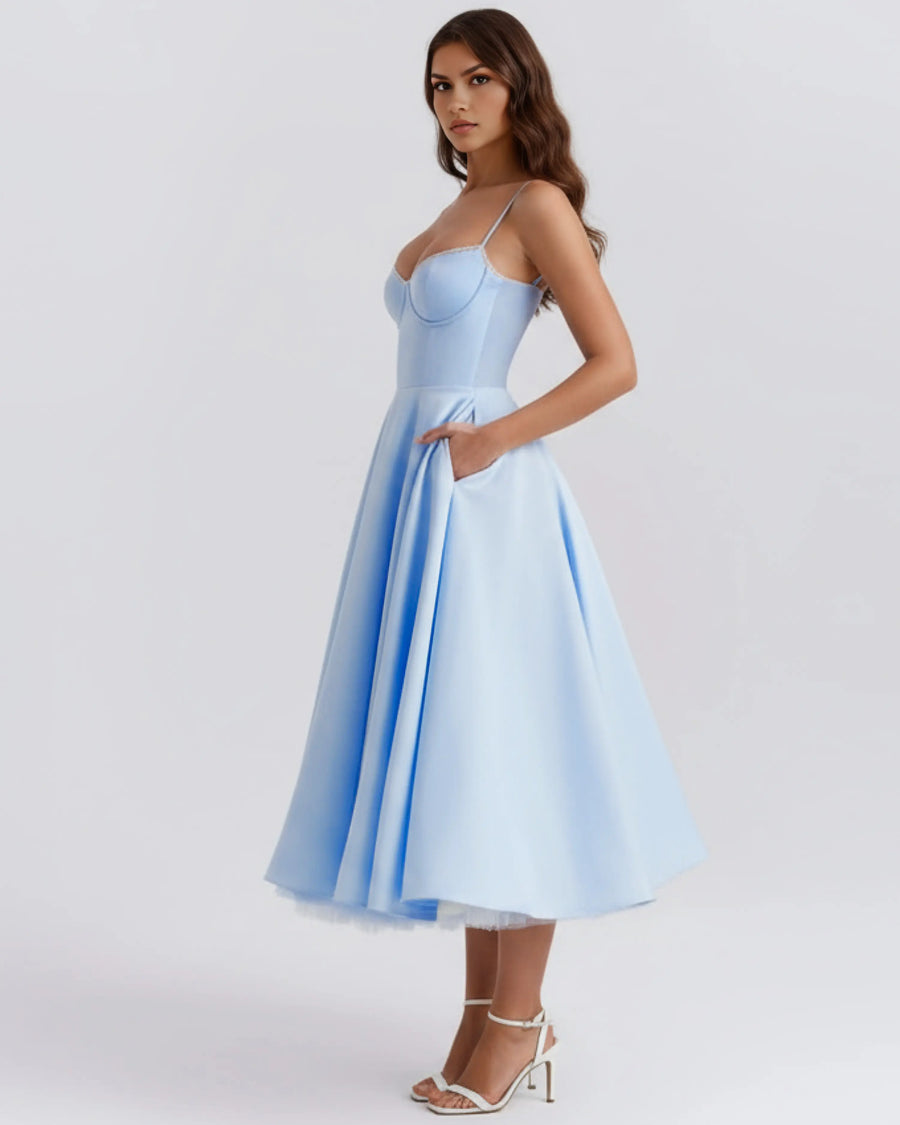 Selene – Baby Blue Satin Midi Dress Clotheshomes™