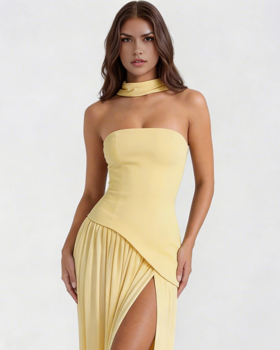Serena – Butter Yellow Strapless Maxi Dress Clotheshomes™