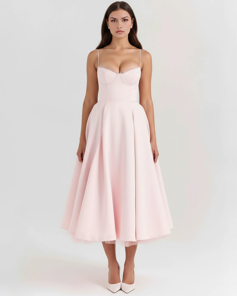 Selene – Blush Pink Satin Midi Dress Clotheshomes™