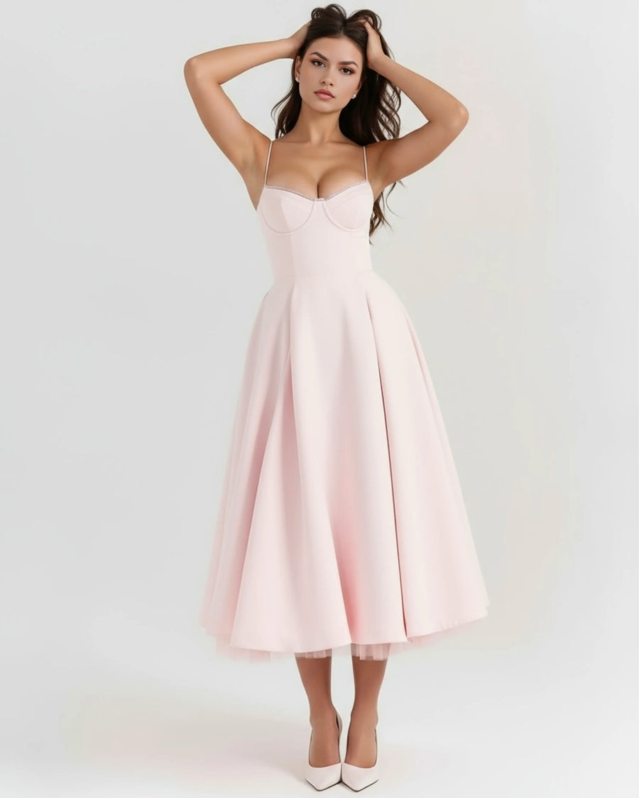 Selene – Blush Pink Satin Midi Dress Clotheshomes™