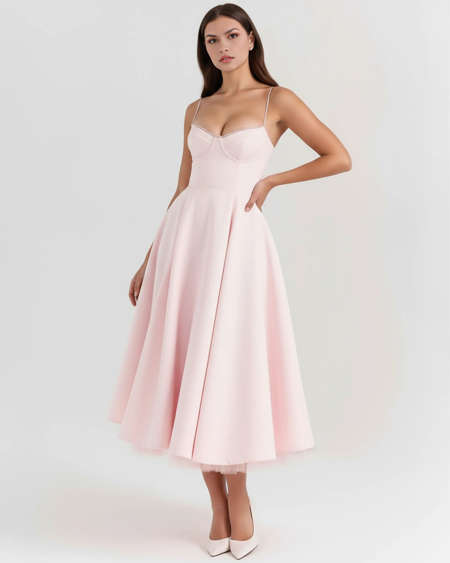 Selene – Blush Pink Satin Midi Dress Clotheshomes™