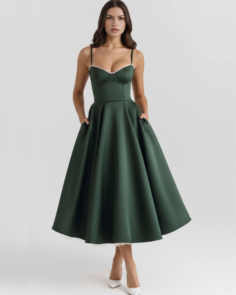 Selene – Forest Green Satin Midi Dress Clotheshomes™