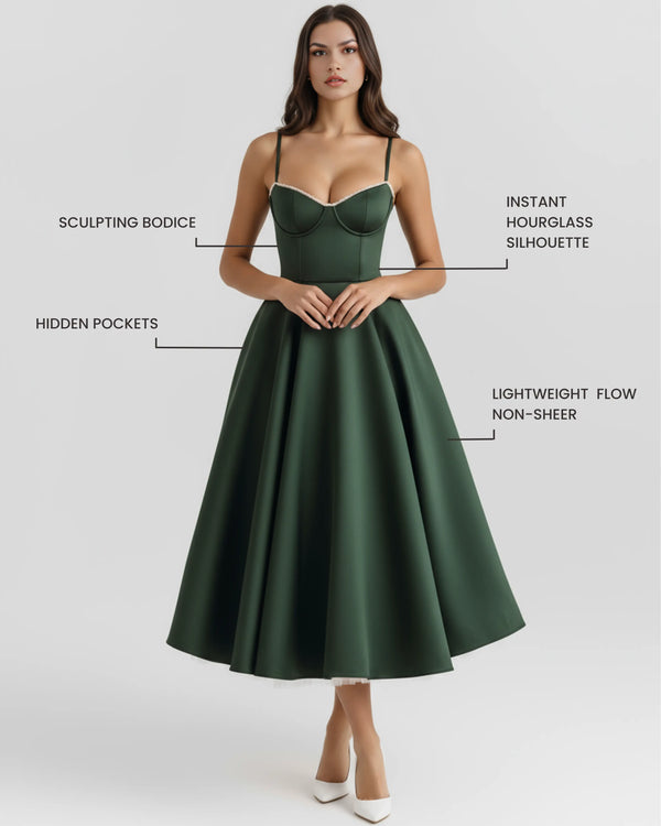 Selene – Forest Green Satin Midi Dress