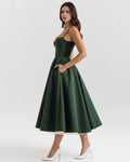 Selene – Forest Green Satin Midi Dress Clotheshomes™